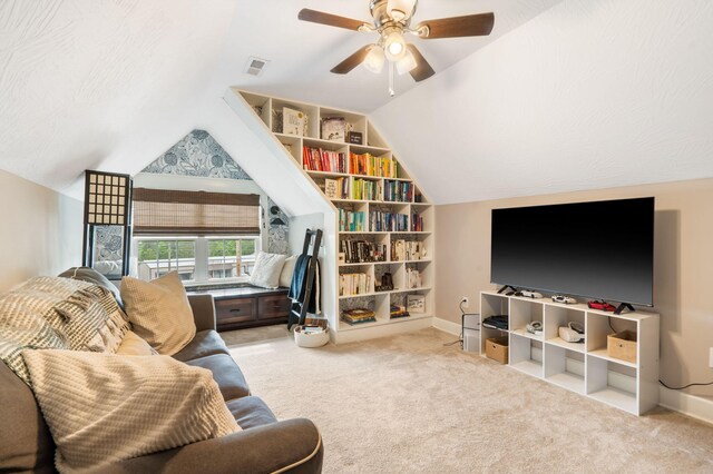 403 S 3rd St, Ozark, MO 65721 - living room featuring lofted ceiling, carpet, a ceiling fan, and baseboards