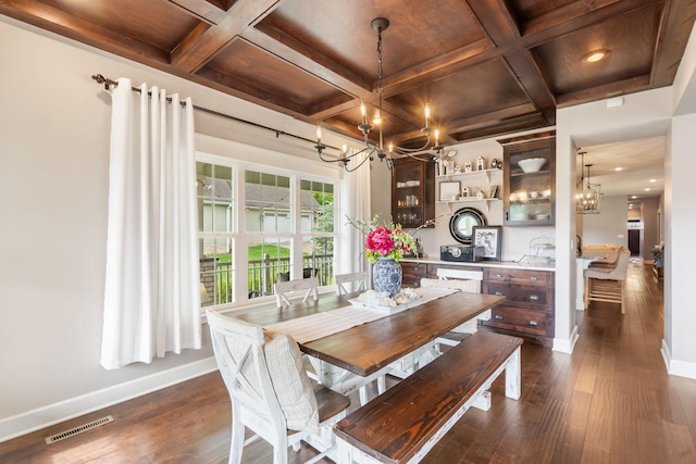 403 S 3rd St, Ozark, MO 65721 - dining space with a chandelier, coffered ceiling, baseboards, dark wood-type flooring, and beam ceiling