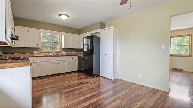 1816 Lasswell St, West Plains, MO 65775 - kitchen featuring freestanding refrigerator, a sink, dark wood-style flooring, white cabinetry, and ceiling fan