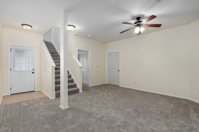 612-614 E Daniels St, Ozark, MO 65721 - foyer featuring carpet, ceiling fan, stairway, and baseboards