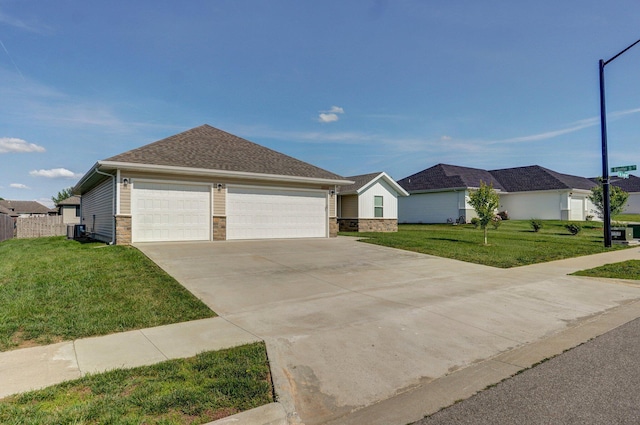 1366 S Olde Savannah Ave, Republic, MO 65738 - ranch-style home with central air condition unit, concrete driveway, a front lawn, and an attached garage