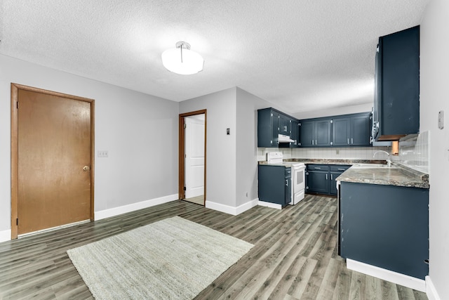 1061 Brentwood Dr, Marshfield, MO 65706 - kitchen featuring white range, light wood-type flooring, baseboards, blue cabinetry, and decorative backsplash