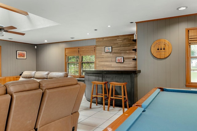 2215 E Rosebrier St, Springfield, MO 65804 - rec room with a dry bar, wood walls, a ceiling fan, billiards, and recessed lighting