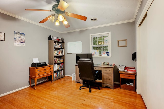 2215 E Rosebrier St, Springfield, MO 65804 - office area with light wood-style floors, a ceiling fan, and ornamental molding