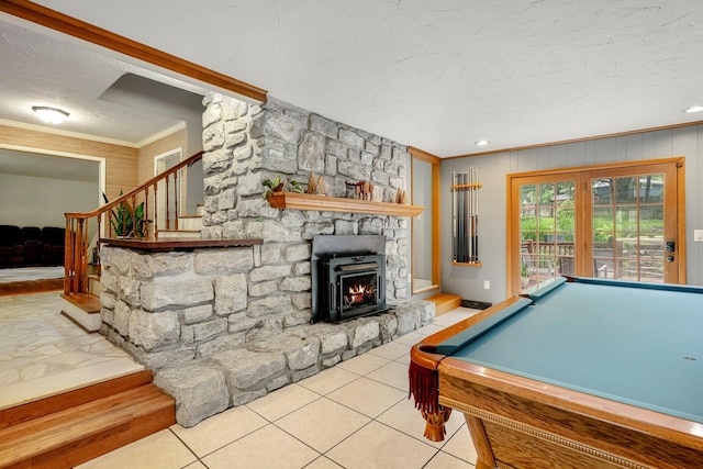 2215 E Rosebrier St, Springfield, MO 65804 - rec room with crown molding, a textured ceiling, a fireplace, billiards, and tile patterned floors