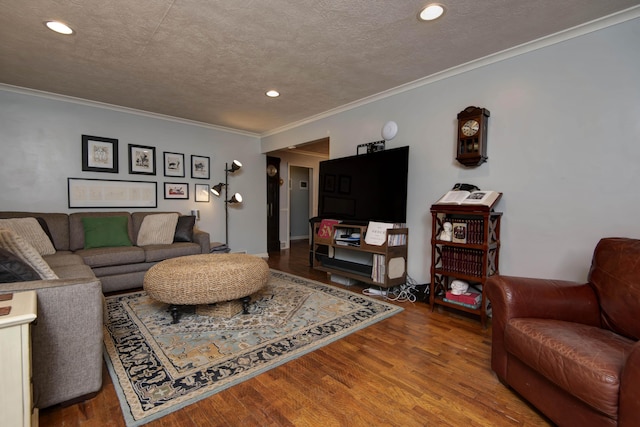 2344 E Manchester St, Springfield, MO 65804 - living room with recessed lighting, a textured ceiling, wood finished floors, and crown molding