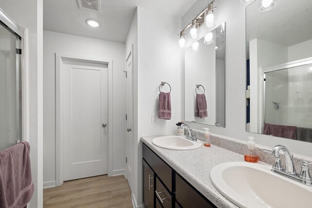 1118 E Lakota St, Nixa, MO 65714 - bathroom featuring wood finished floors, a shower stall, and double vanity