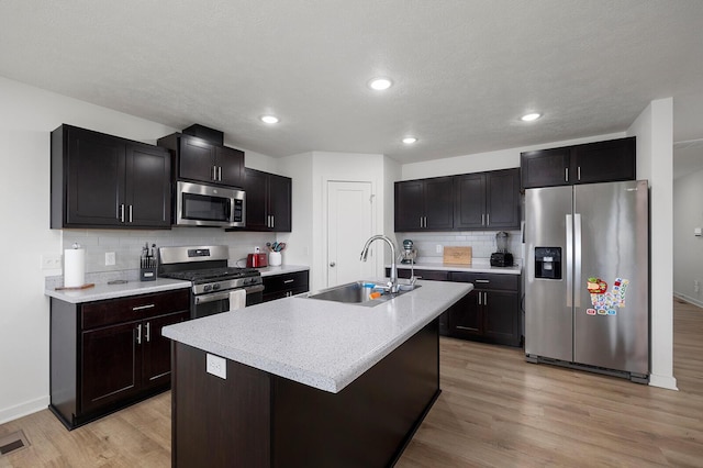 1118 E Lakota St, Nixa, MO 65714 - kitchen featuring appliances with stainless steel finishes, a sink, decorative backsplash, light wood-type flooring, and recessed lighting