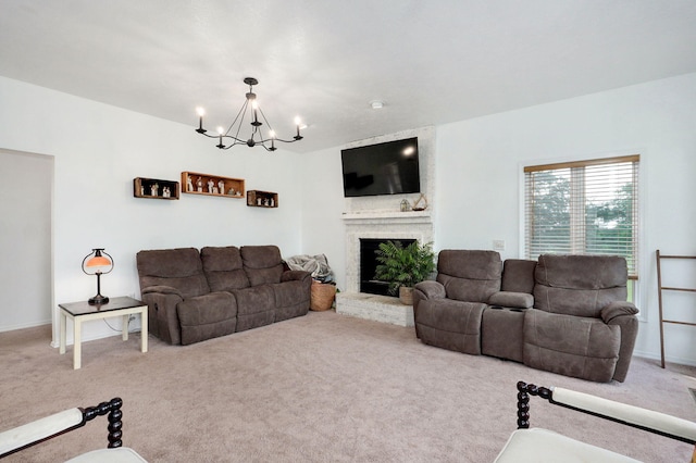 11976 N Northern Hts Dr, Brighton, MO 65617 - living room with a chandelier, carpet flooring, and a fireplace