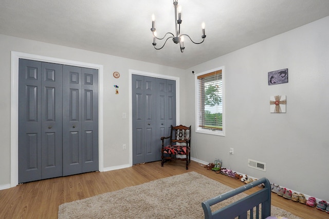 11976 N Northern Hts Dr, Brighton, MO 65617 - bedroom with two closets, a chandelier, wood finished floors, and baseboards