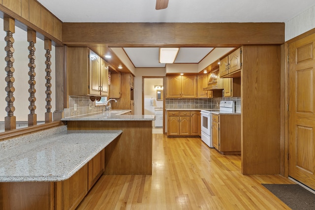 5263 N Crestwood Dr, Springfield, MO 65803 - kitchen with white electric range, a peninsula, light wood-style flooring, and tasteful backsplash
