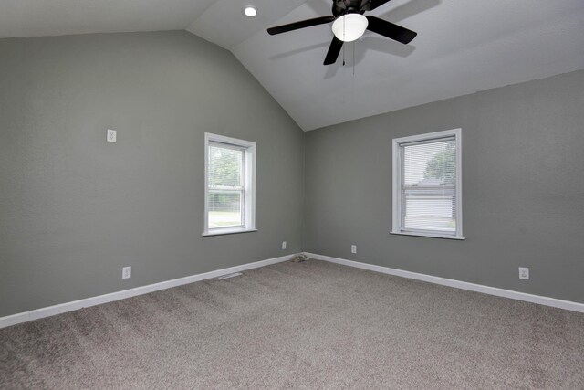 5364 Cloverdale Ln, Battlefield, MO 65619 - carpeted empty room featuring vaulted ceiling, healthy amount of natural light, a ceiling fan, baseboards, and recessed lighting