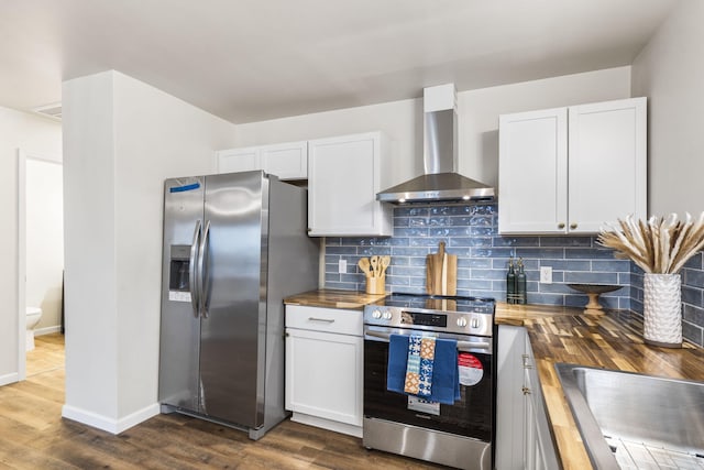 3050 Montague Ln, Kimberling City, MO 65686 - kitchen featuring wooden counters, stainless steel appliances, wall chimney range hood, and white cabinets