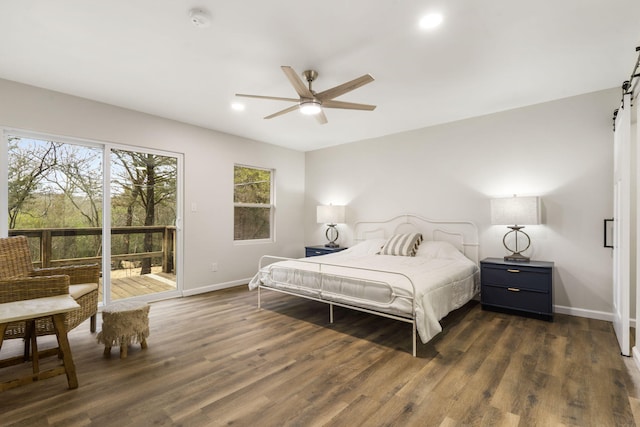 3050 Montague Ln, Kimberling City, MO 65686 - bedroom featuring baseboards, access to exterior, dark wood-type flooring, recessed lighting, and ceiling fan
