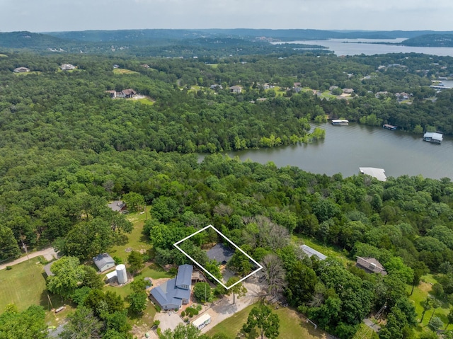 3050 Montague Ln, Kimberling City, MO 65686 - aerial overview of property's location with a forest, a nearby body of water, and property parcel outlined