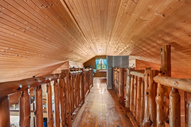 447 Flint Ln, Washburn, MO 65772 - corridor featuring wood ceiling, vaulted ceiling, hardwood / wood-style floors, and wood walls