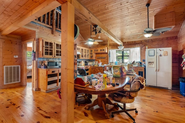 447 Flint Ln, Washburn, MO 65772 - dining area featuring a ceiling fan, light wood finished floors, wooden walls, and wooden ceiling with exposed beams