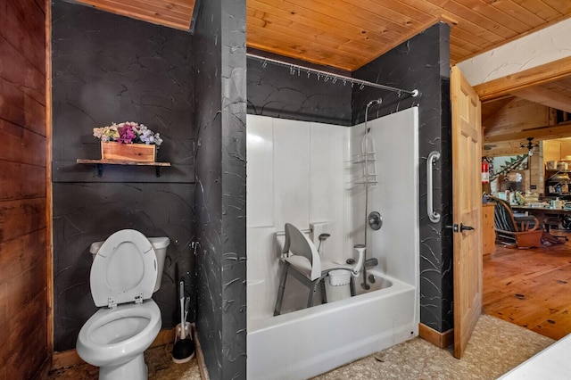447 Flint Ln, Washburn, MO 65772 - bathroom with washtub / shower combination, wood ceiling, toilet, and tile patterned floors