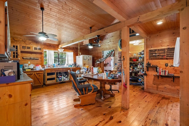 447 Flint Ln, Washburn, MO 65772 - dining area featuring wooden walls, a workshop area, light wood-type flooring, a ceiling fan, and wooden ceiling