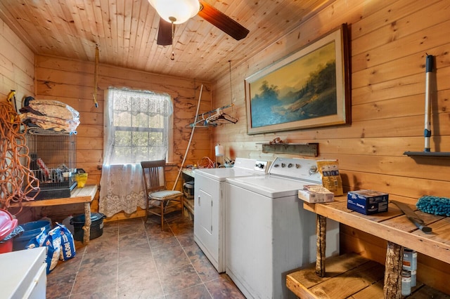 447 Flint Ln, Washburn, MO 65772 - laundry room with washer and dryer, wooden walls, a ceiling fan, wood ceiling, and stone finish floors
