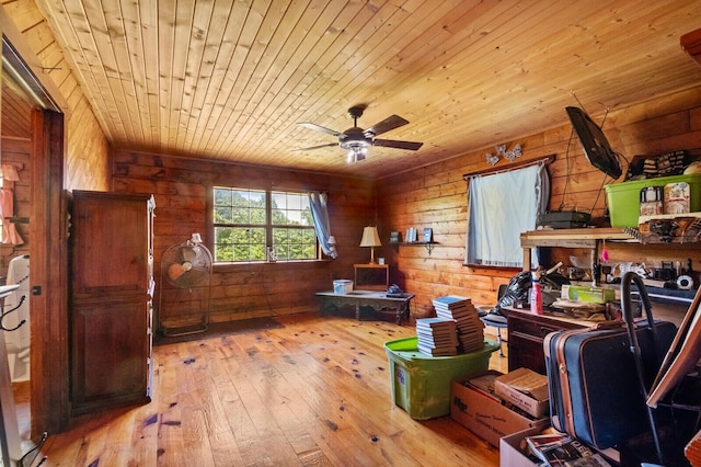 447 Flint Ln, Washburn, MO 65772 - office featuring wooden ceiling, wooden walls, hardwood / wood-style floors, and a ceiling fan