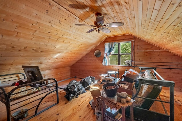 447 Flint Ln, Washburn, MO 65772 - bonus room featuring wood walls, wood-type flooring, wooden ceiling, lofted ceiling, and a ceiling fan