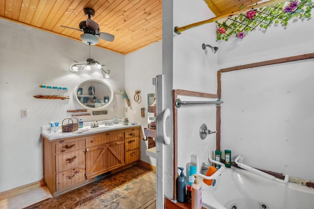 447 Flint Ln, Washburn, MO 65772 - bathroom with wood ceiling, vanity, a tub with jets, baseboards, and ceiling fan