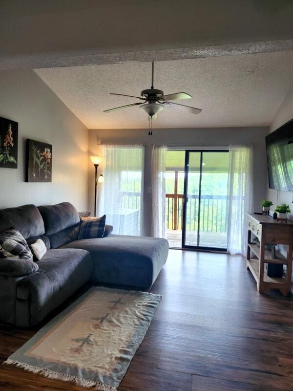 388 Notch Ln Unit 12, Branson West, MO 65737 - living area featuring vaulted ceiling, wood finished floors, a textured ceiling, and a ceiling fan