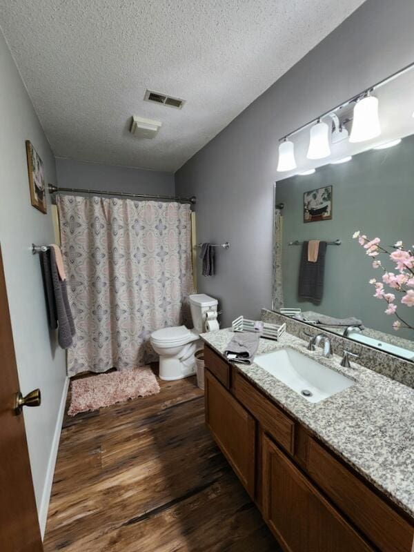 388 Notch Ln Unit 12, Branson West, MO 65737 - bathroom with wood finished floors, toilet, a textured ceiling, vanity, and a shower with shower curtain