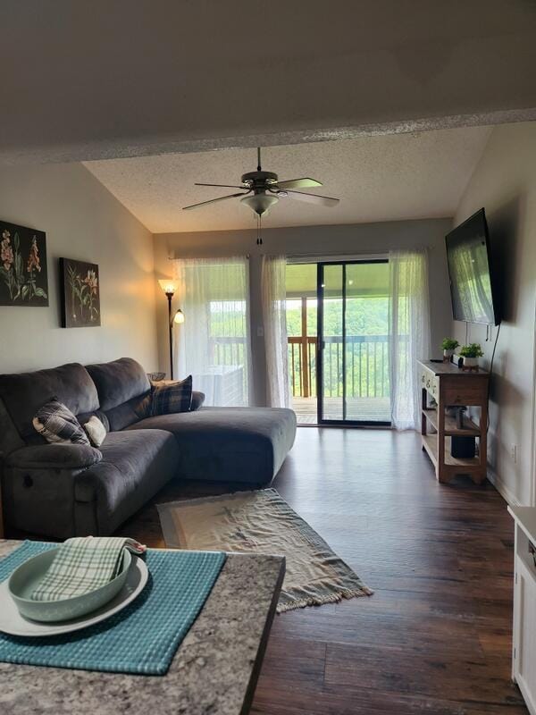 388 Notch Ln Unit 12, Branson West, MO 65737 - living area with vaulted ceiling, a ceiling fan, wood finished floors, and a textured ceiling