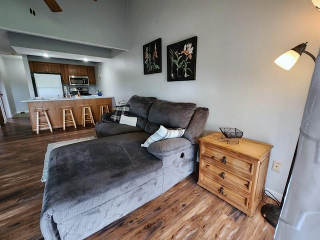 388 Notch Ln Unit 12, Branson West, MO 65737 - living room with dark wood-type flooring, ceiling fan, and a high ceiling