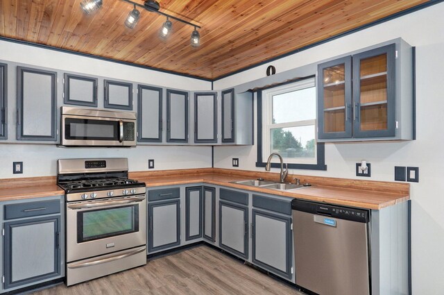 1132 Irene Ct, Nixa, MO 65714 - kitchen featuring stainless steel appliances, track lighting, a sink, gray cabinets, and wooden ceiling