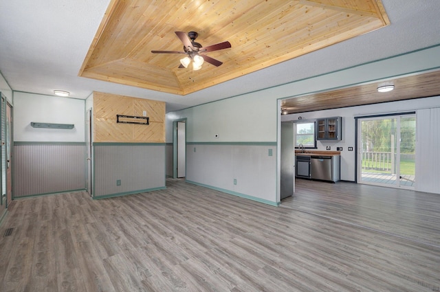 1132 Irene Ct, Nixa, MO 65714 - unfurnished living room with a tray ceiling, wooden ceiling, wood finished floors, a ceiling fan, and a sink