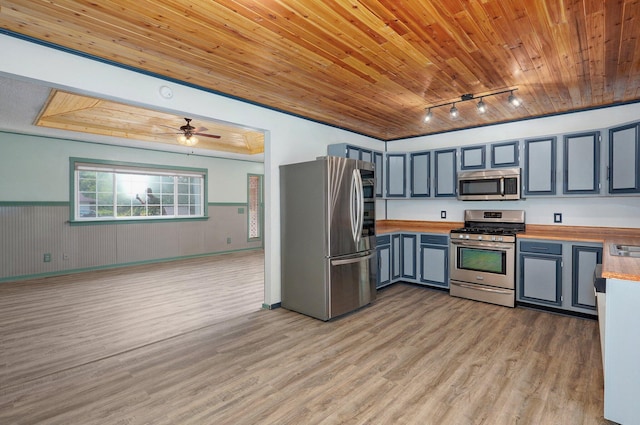 1132 Irene Ct, Nixa, MO 65714 - kitchen with appliances with stainless steel finishes, light wood-style floors, wood counters, open floor plan, and rail lighting