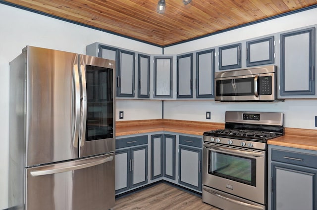 1132 Irene Ct, Nixa, MO 65714 - kitchen with appliances with stainless steel finishes, wooden counters, wooden ceiling, gray cabinets, and wood finished floors