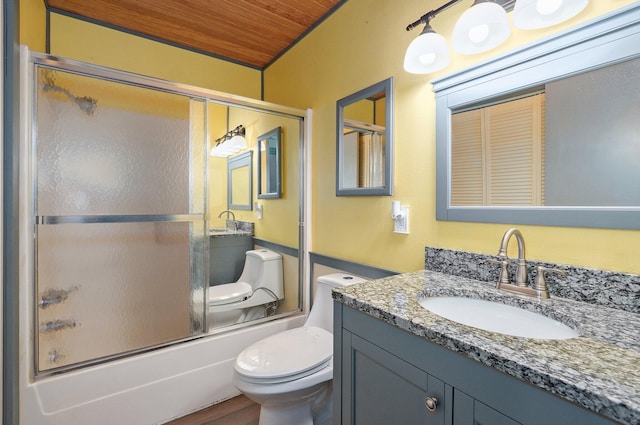 1132 Irene Ct, Nixa, MO 65714 - full bathroom featuring wood ceiling, toilet, vanity, bath / shower combo with glass door, and wood finished floors