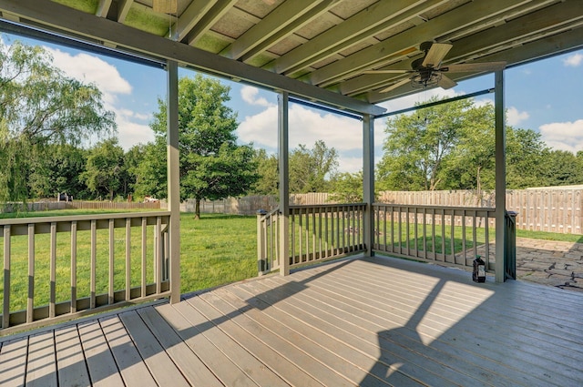 1132 Irene Ct, Nixa, MO 65714 - deck with a ceiling fan and view of scattered trees
