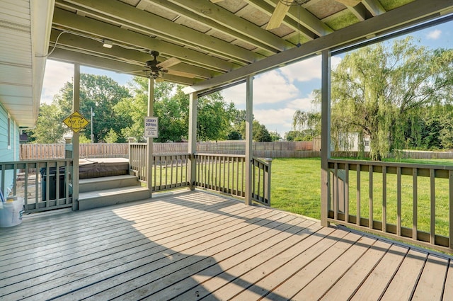 1132 Irene Ct, Nixa, MO 65714 - deck featuring ceiling fan and a covered hot tub