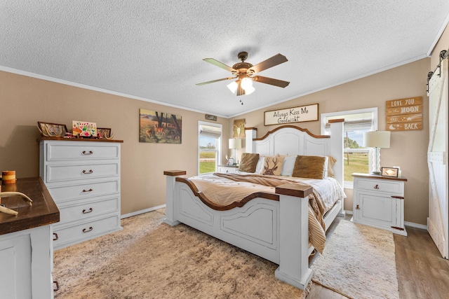 28286 Clay Rd, Eagle Rock, MO 65641 - bedroom featuring crown molding, a textured ceiling, vaulted ceiling, a barn door, and ceiling fan