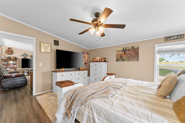 28286 Clay Rd, Eagle Rock, MO 65641 - bedroom with wood finished floors, lofted ceiling, a textured ceiling, ornamental molding, and ceiling fan