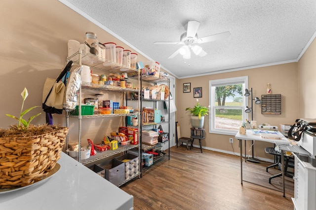 28286 Clay Rd, Eagle Rock, MO 65641 - office area with ornamental molding, a ceiling fan, a textured ceiling, wood finished floors, and baseboards
