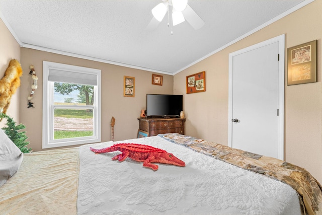 28286 Clay Rd, Eagle Rock, MO 65641 - bedroom with crown molding, ceiling fan, lofted ceiling, and a textured ceiling