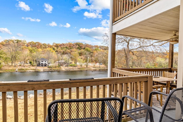 690 Fall Creek Dr Unit 5, Branson, MO 65616 - deck with a water view, a ceiling fan, and view of wooded area