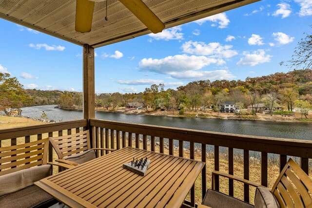 690 Fall Creek Dr Unit 5, Branson, MO 65616 - wooden terrace featuring a water view, outdoor dining space, and view of wooded area