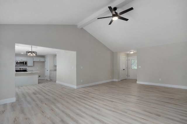 1436 W Whiteside St, Springfield, MO 65807 - unfurnished living room with light wood-style flooring, a chandelier, a ceiling fan, and baseboards