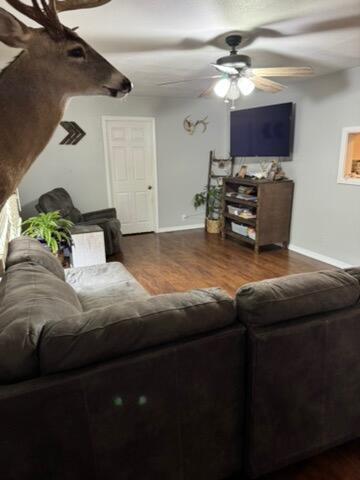 9153 N Hwy Highway, Mountain Grove, MO 65711 - living area featuring a ceiling fan, wood finished floors, and baseboards