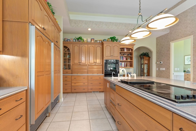193 Honeybee Dr, Branson, MO 65615 - kitchen with black appliances, light tile patterned floors, arched walkways, open shelves, and light countertops
