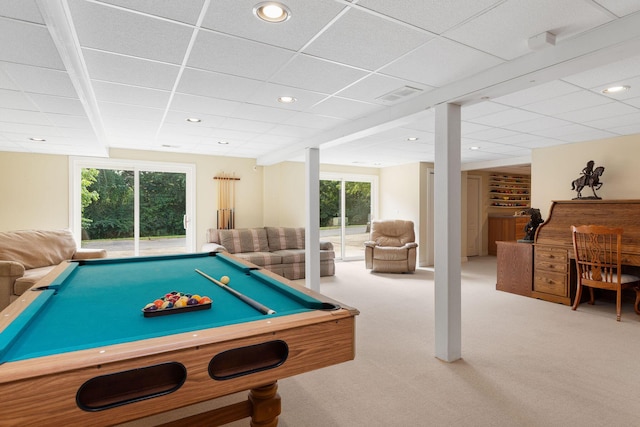193 Honeybee Dr, Branson, MO 65615 - rec room with carpet floors, a paneled ceiling, recessed lighting, and billiards