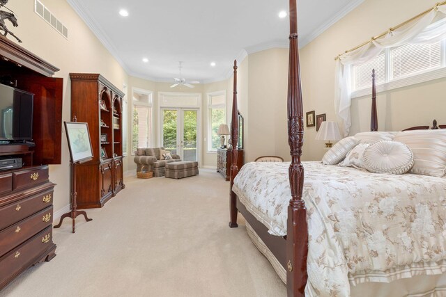 193 Honeybee Dr, Branson, MO 65615 - bedroom with light carpet, ornamental molding, recessed lighting, baseboards, and access to outside