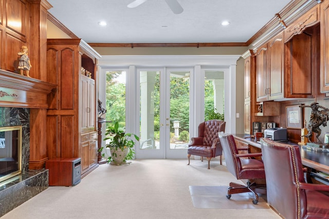 193 Honeybee Dr, Branson, MO 65615 - carpeted home office with french doors, plenty of natural light, crown molding, ceiling fan, and recessed lighting